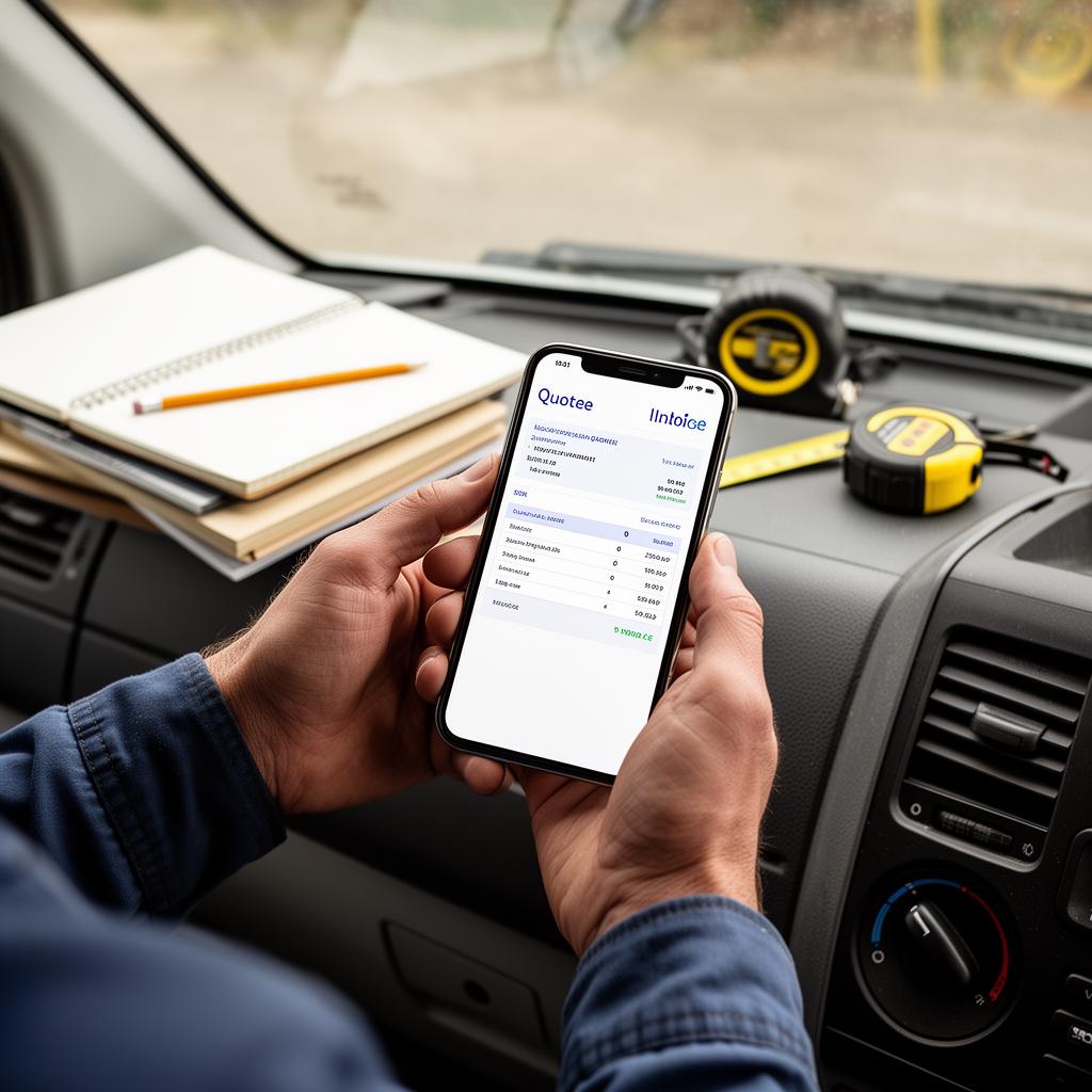 Vakman bekijkt offerte op telefoon in de bus