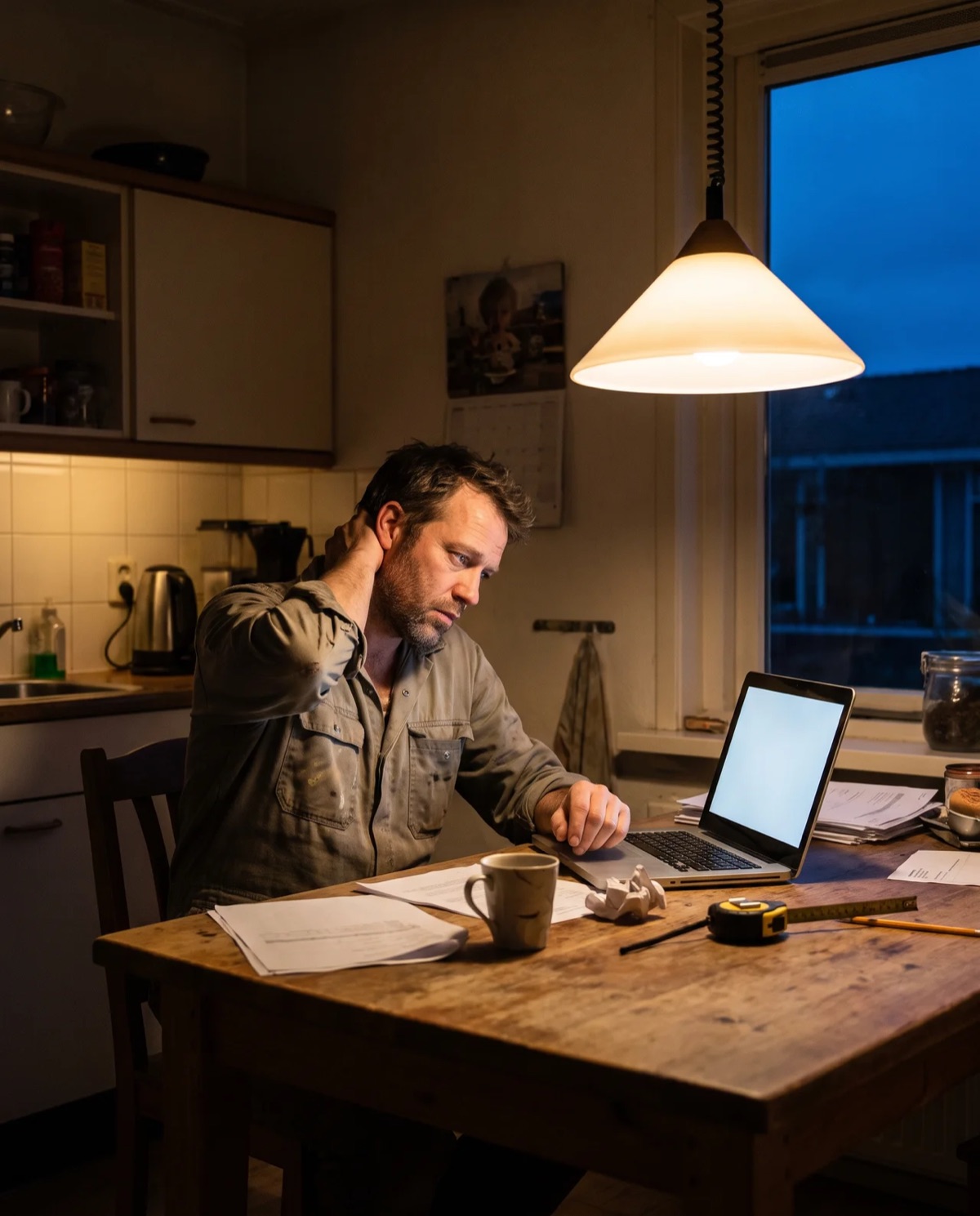 Vakman zit 's avonds aan de keukentafel achter zijn laptop met papierwerk